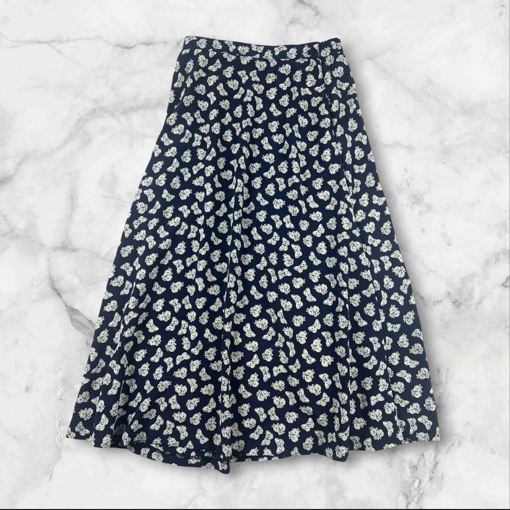 Leslie Fay Skirt Womens 6 Navy Rayon Butterfly Floral Midi A-Line Vintage 90s